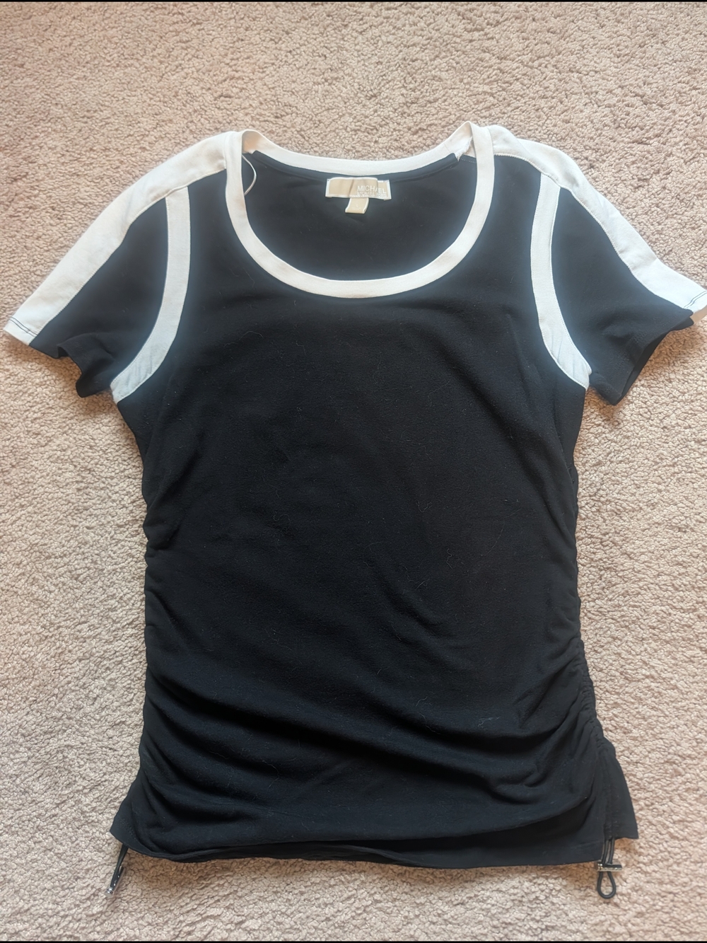 MICHAEL Michael Kors Black Short Sleeve Scoop Neck Top with White Trim